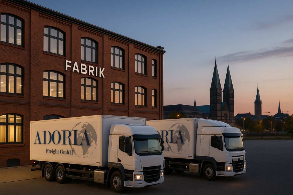 Zwei Adoria Freight Lkw vor der neuen Spedition-Niederlassung in Bremen im historischen Tabakquartier bei Sonnenuntergang, mit Blick auf das Bremer Stadtpanorama – Symbol für moderne Lebensmittellogistik in Bremen.