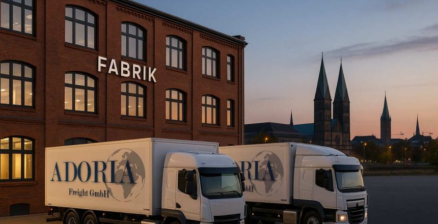 Zwei Adoria Freight Lkw vor der neuen Spedition-Niederlassung in Bremen im historischen Tabakquartier bei Sonnenuntergang, mit Blick auf das Bremer Stadtpanorama – Symbol für moderne Lebensmittellogistik in Bremen.